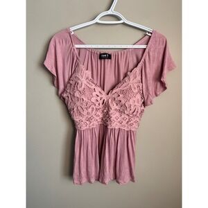 Blue B Collection Dusty Pink Lace Crochet V-Neck Flutter Sleeve Peplum Top M